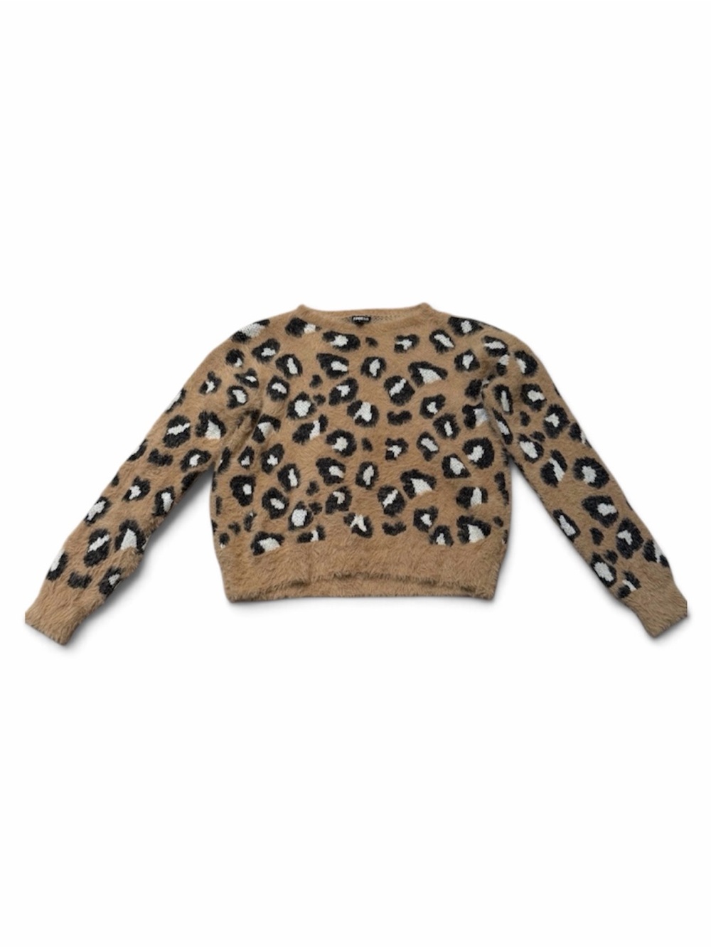 Express Fuzzy Leopard Crewneck Sweater - Tan, Black, White